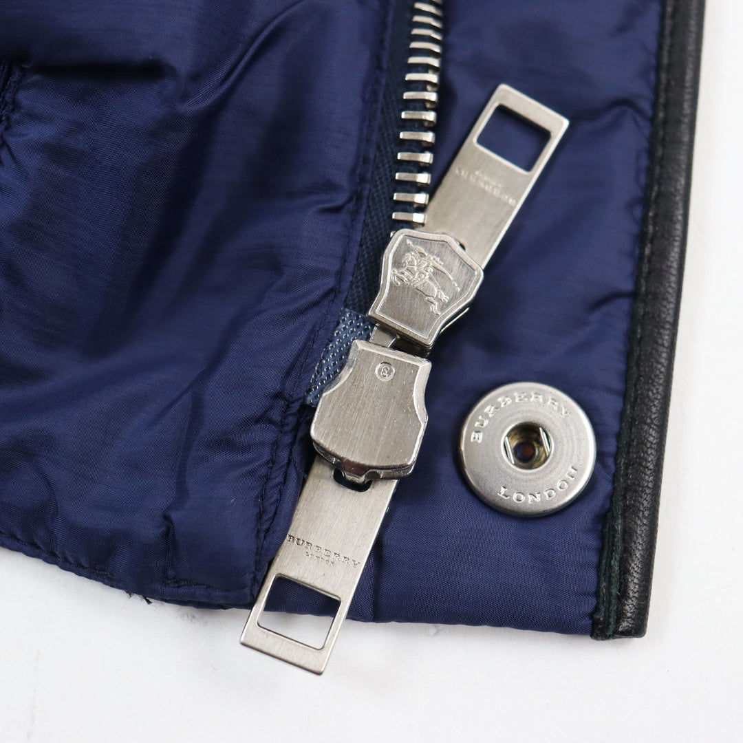Burberry Prorsum Blouson Outer: 100% polyamide (nylon), Lining: 55% acetate, Lining: 45% viscose (rayon), Filling: 100% polyester, Part: 90% cotton, : 8% polyamide (nylon), : 2% elastane, Part: Lamb leather blue mens M Used Authentic