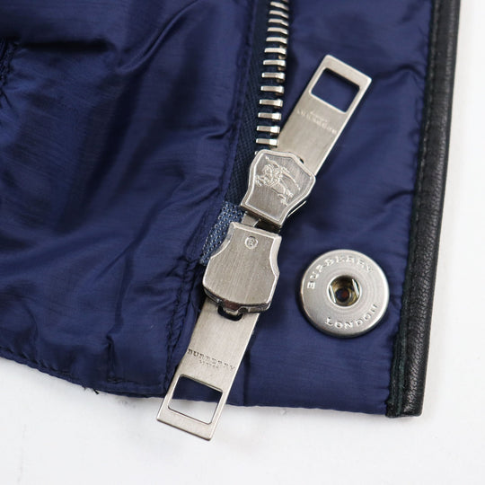 Burberry Prorsum Blouson Outer: 100% polyamide (nylon), Lining: 55% acetate, Lining: 45% viscose (rayon), Filling: 100% polyester, Part: 90% cotton, : 8% polyamide (nylon), : 2% elastane, Part: Lamb leather blue mens M Used Authentic