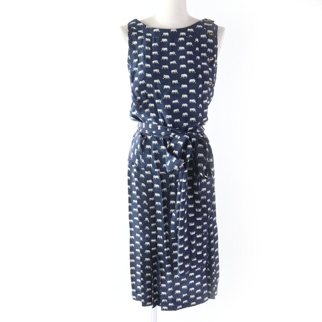 CHANEL one piece Silk.Cotton canvas Navy Ivory Women 34 Used Authentic
