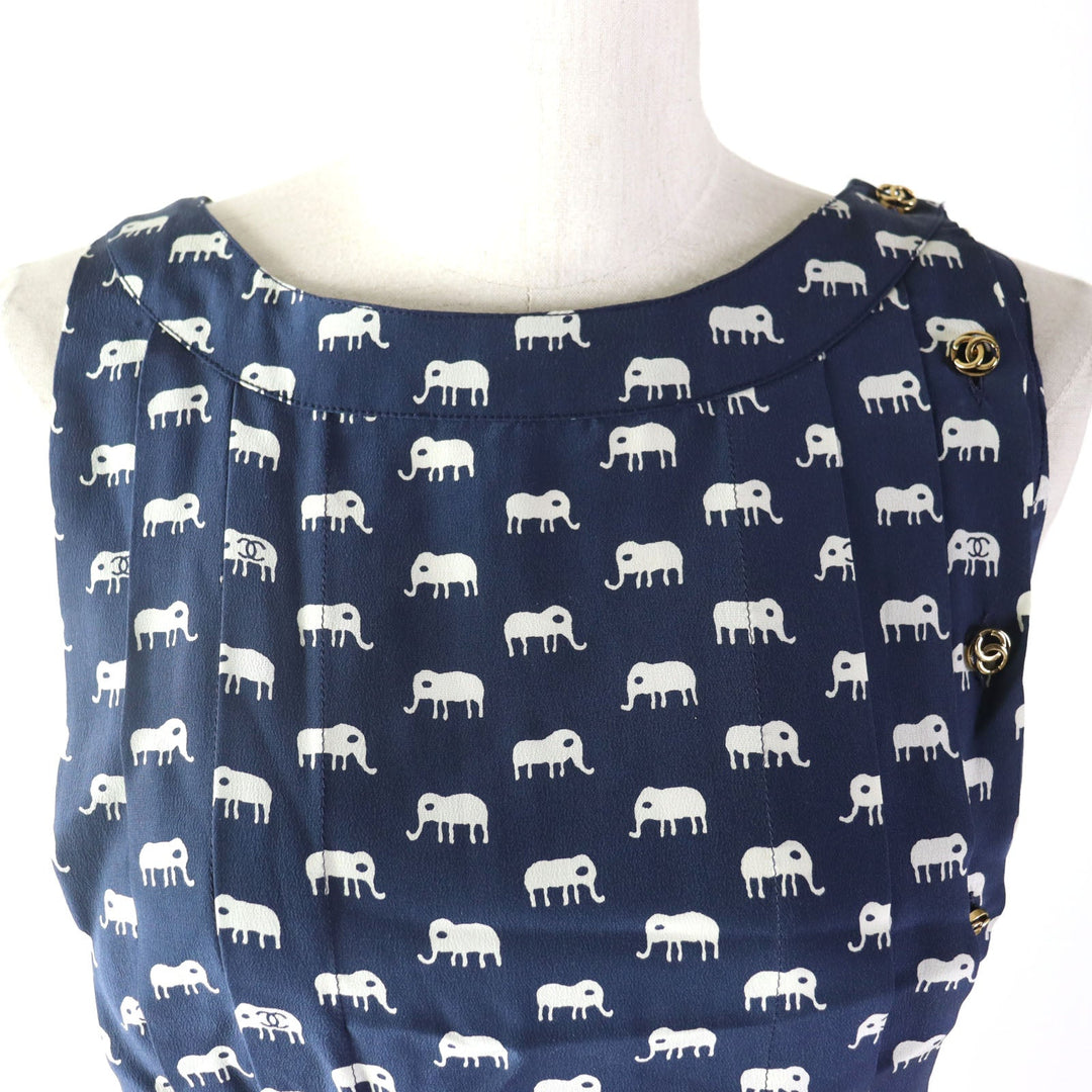 CHANEL one piece Silk.Cotton canvas Navy Ivory Women 34 Used Authentic