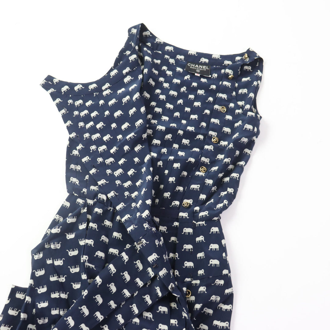CHANEL one piece Silk.Cotton canvas Navy Ivory Women 34 Used Authentic