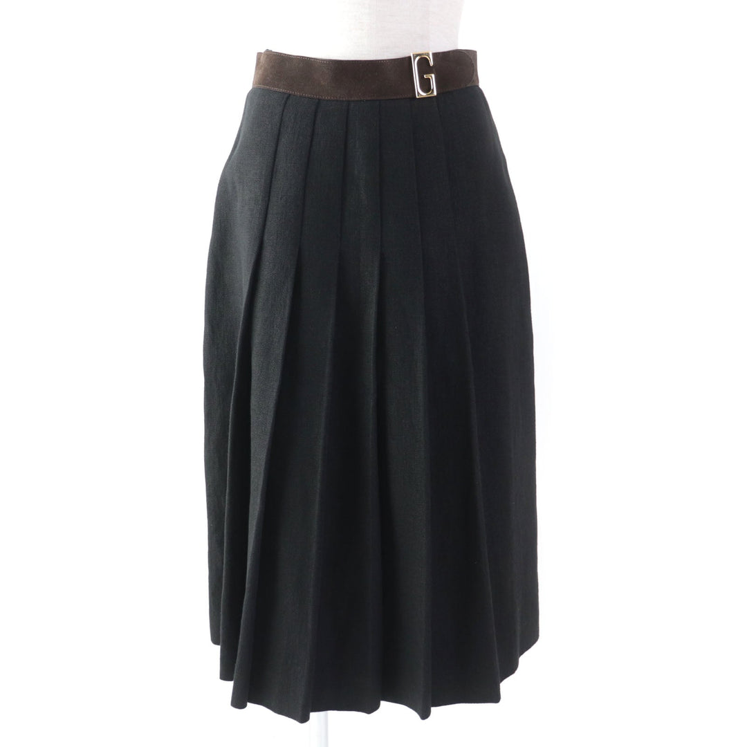 GUCCI Pleated skirt 511243 Outer: 100% linen, Lining: 68% rayon, Lining: 32% silk, Part: suede leather Black brown Women 40 Used Authentic