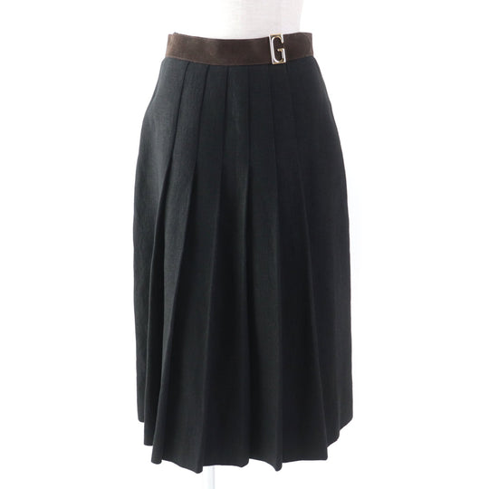 GUCCI Pleated skirt 511243 Outer: 100% linen, Lining: 68% rayon, Lining: 32% silk, Part: suede leather Black brown Women 40 Used Authentic