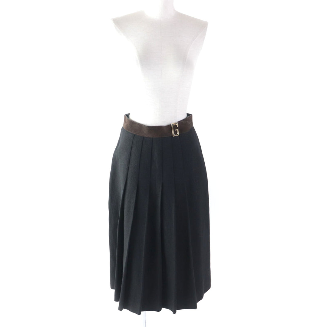 GUCCI Pleated skirt 511243 Outer: 100% linen, Lining: 68% rayon, Lining: 32% silk, Part: suede leather Black brown Women 40 Used Authentic
