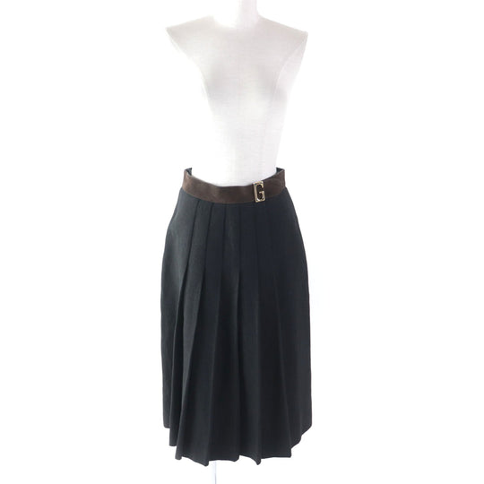 GUCCI Pleated skirt 511243 Outer: 100% linen, Lining: 68% rayon, Lining: 32% silk, Part: suede leather Black brown Women 40 Used Authentic