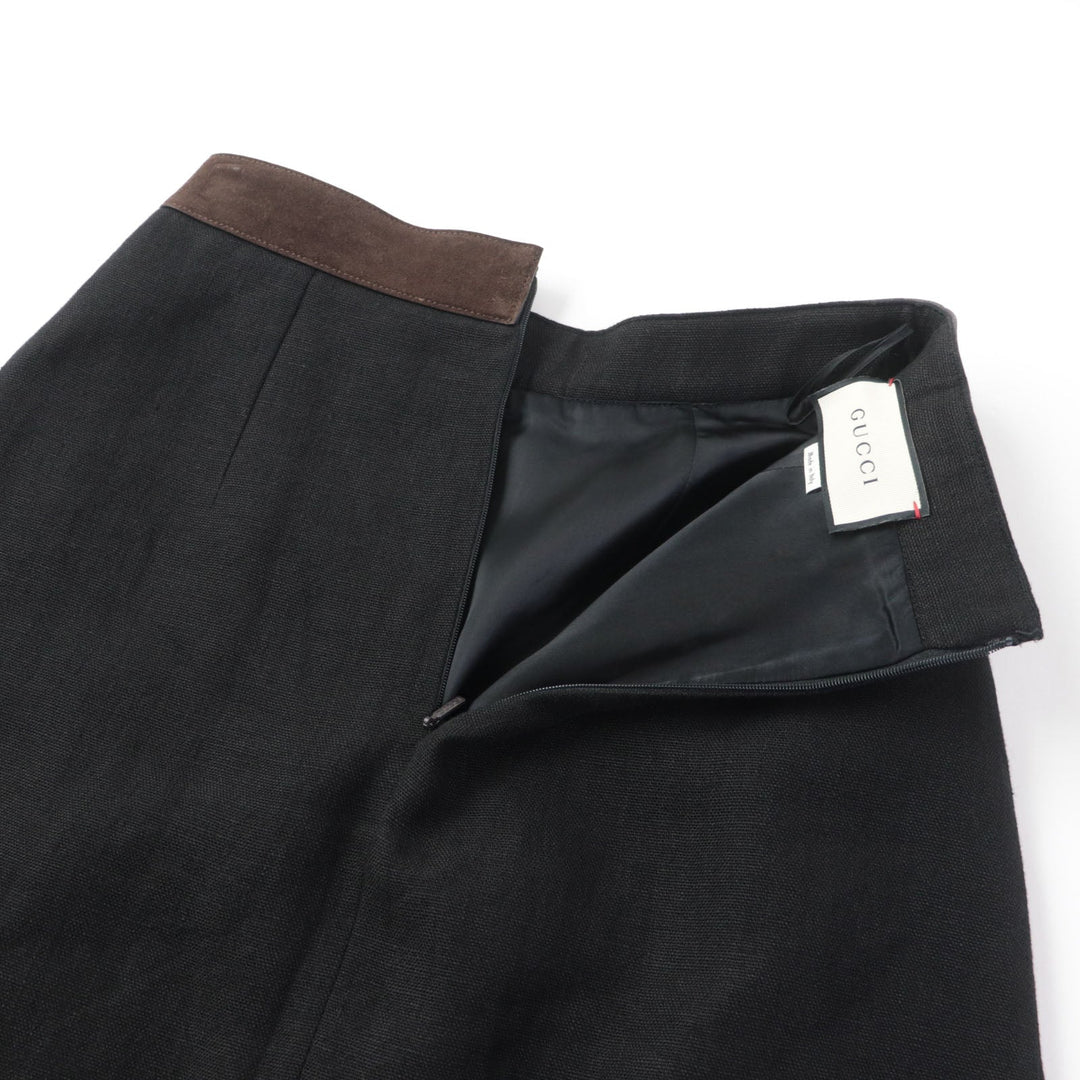 GUCCI Pleated skirt 511243 Outer: 100% linen, Lining: 68% rayon, Lining: 32% silk, Part: suede leather Black brown Women 40 Used Authentic