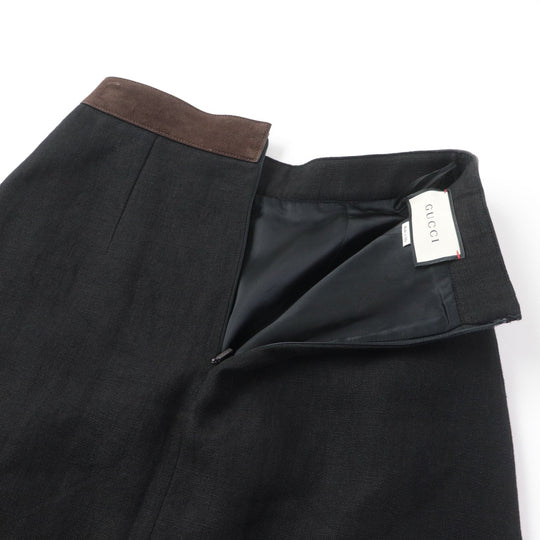 GUCCI Pleated skirt 511243 Outer: 100% linen, Lining: 68% rayon, Lining: 32% silk, Part: suede leather Black brown Women 40 Used Authentic