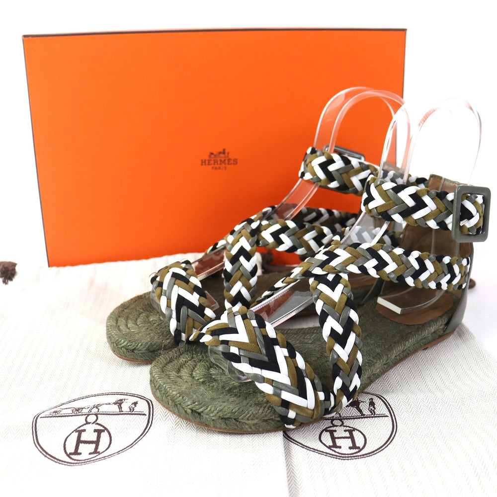 HERMES Sandals leather khaki Flat shoes Ankle With Strap Mesh design Women 36 Used Authentic