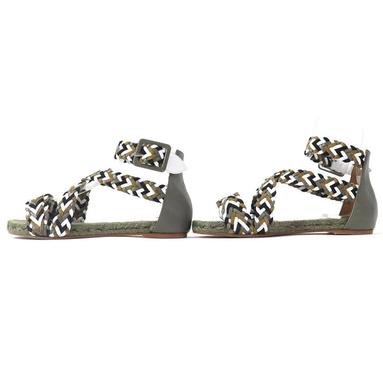 HERMES Sandals leather khaki Flat shoes Ankle With Strap Mesh design Women 36 Used Authentic