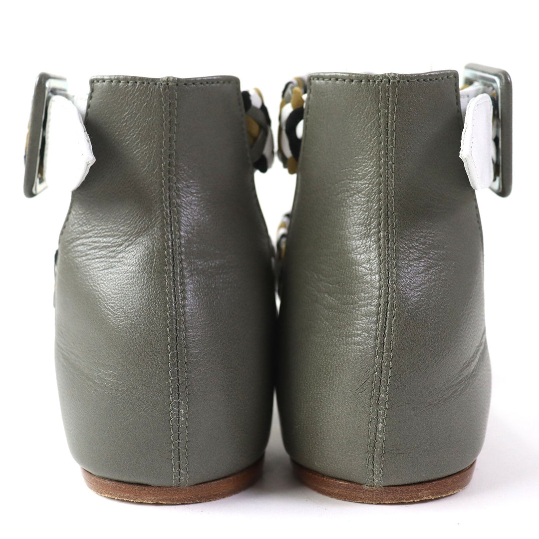 HERMES Sandals leather khaki Flat shoes Ankle With Strap Mesh design Women 36 Used Authentic