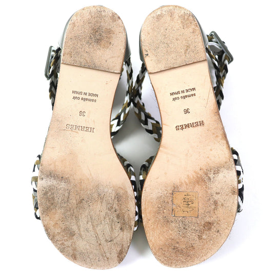 HERMES Sandals leather khaki Flat shoes Ankle With Strap Mesh design Women 36 Used Authentic