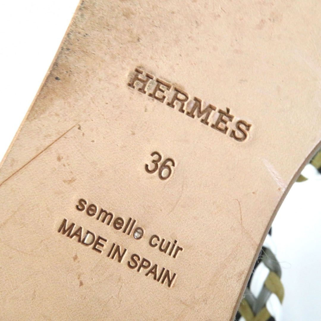 HERMES Sandals leather khaki Flat shoes Ankle With Strap Mesh design Women 36 Used Authentic