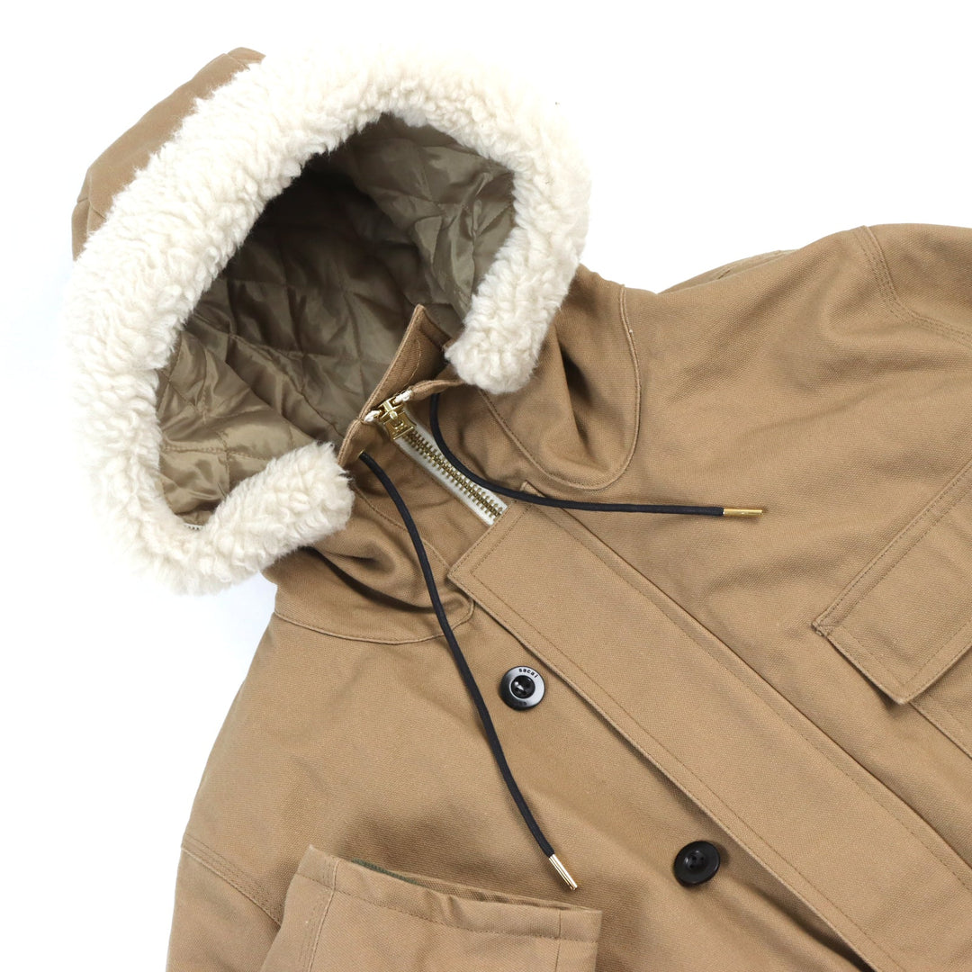 Sacai coat 23-03109 M Outer: 100% cotton, pile: 100% wool, ground: 55% acrylic, 45% polyester, padding: 100% polyester, lining: 100% polyester khaki Canvas Parka Siberian Canvas Hoodie Siberian Coat mens 1 Used Authentic