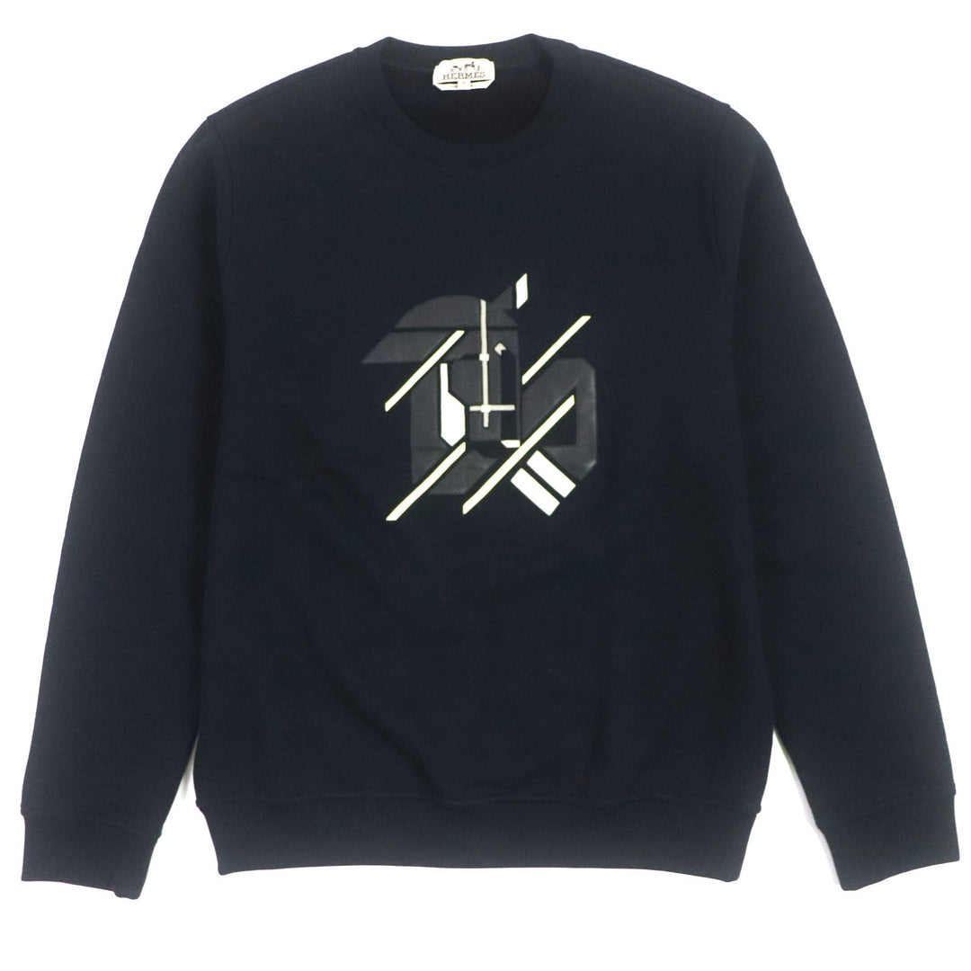 HERMES pullover Main: 100% cotton, Leather: Sheepskin Rib: 90% cotton, 10% polyurethane Navy Chevaux Symetrie mens M Used Authentic