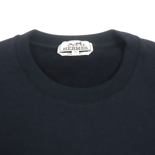 HERMES pullover Main: 100% cotton, Leather: Sheepskin Rib: 90% cotton, 10% polyurethane Navy Chevaux Symetrie mens M Used Authentic
