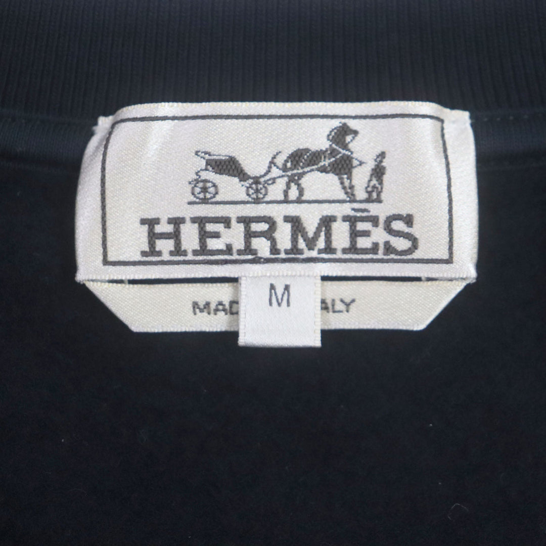 HERMES pullover Main: 100% cotton, Leather: Sheepskin Rib: 90% cotton, 10% polyurethane Navy Chevaux Symetrie mens M Used Authentic