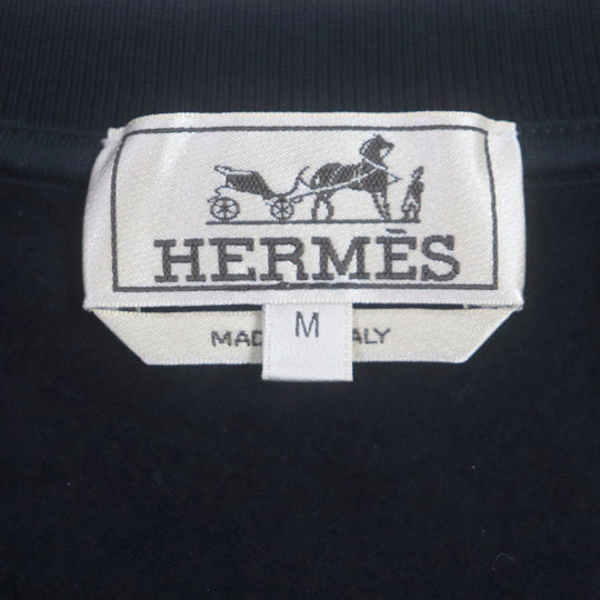 HERMES pullover Main: 100% cotton, Leather: Sheepskin Rib: 90% cotton, 10% polyurethane Navy Chevaux Symetrie mens M Used Authentic