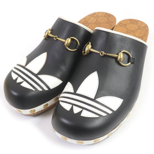 GUCCI Sandals 702252 Main: Leather, Wood black Clogs GGPattern sole Gucci x Adidas collaboration logo sandals mens 9 Used Authentic