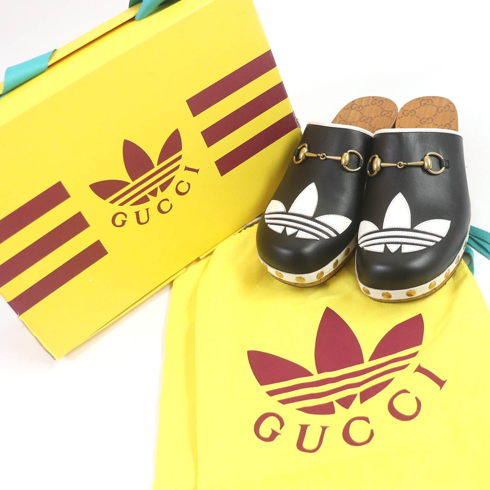 GUCCI Sandals 702252 Main: Leather, Wood black Clogs GGPattern sole Gucci x Adidas collaboration logo sandals mens 9 Used Authentic