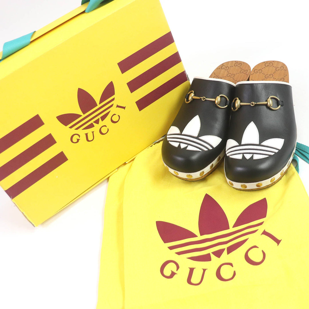 GUCCI Sandals 702252 Main: Leather, Wood black Clogs GGPattern sole Gucci x Adidas collaboration logo sandals mens 9 Used Authentic