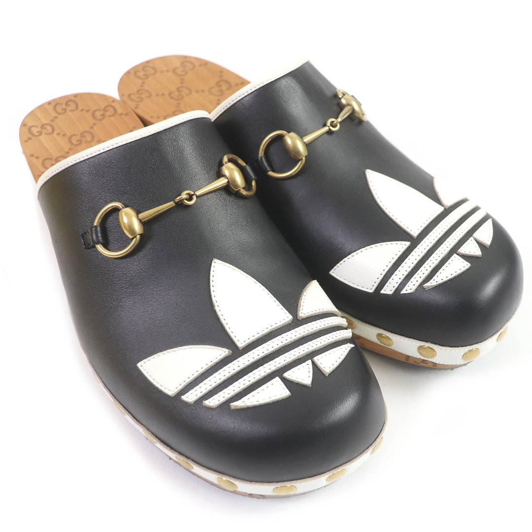 GUCCI Sandals 702252 Main: Leather, Wood black Clogs GGPattern sole Gucci x Adidas collaboration logo sandals mens 9 Used Authentic