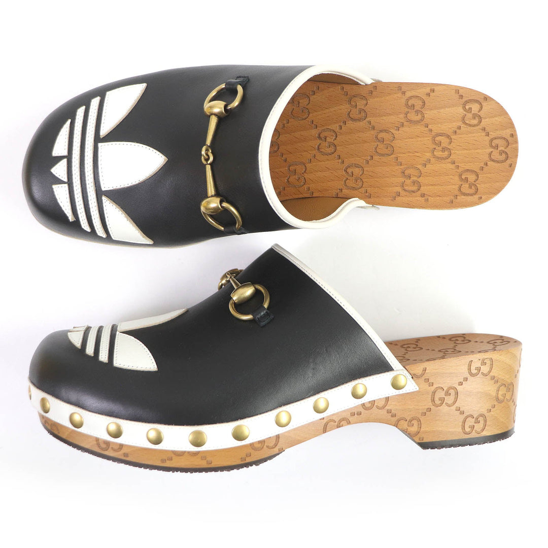 GUCCI Sandals 702252 Main: Leather, Wood black Clogs GGPattern sole Gucci x Adidas collaboration logo sandals mens 9 Used Authentic