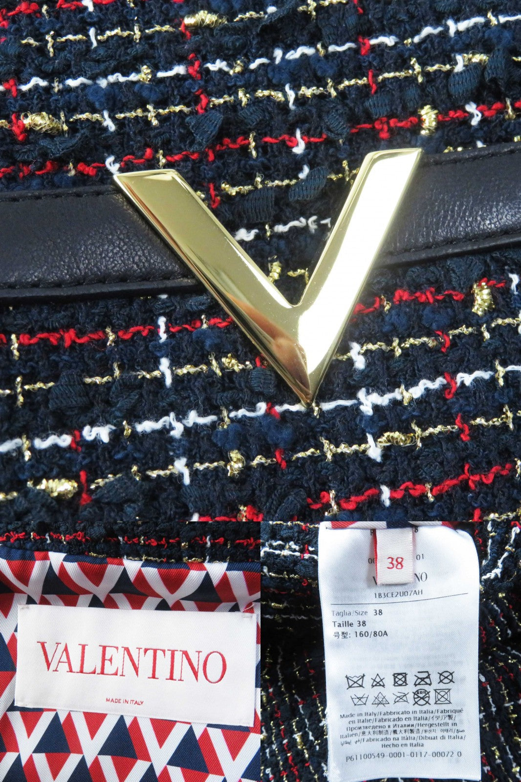 VALENTINO setup Leather: Sheepskin, Outer: 67% cotton, Outer: 24% nylon, Outer: 5% acrylic, Outer: 4% metal fiber, PT Lining: 63% rayon, 37% silk Navy multi Women (Top) 38, (Bottom) 40 Used Authentic