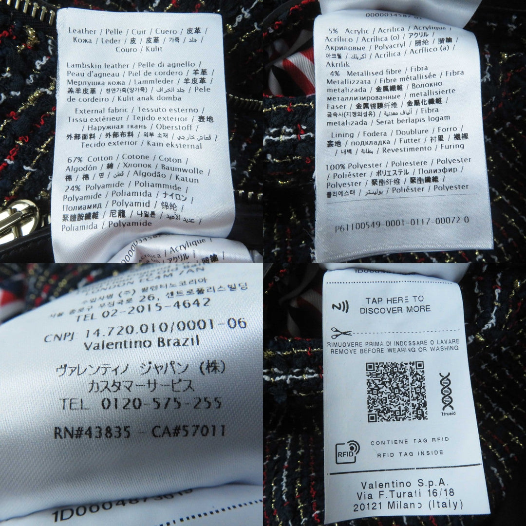 VALENTINO setup Leather: Sheepskin, Outer: 67% cotton, Outer: 24% nylon, Outer: 5% acrylic, Outer: 4% metal fiber, PT Lining: 63% rayon, 37% silk Navy multi Women (Top) 38, (Bottom) 40 Used Authentic