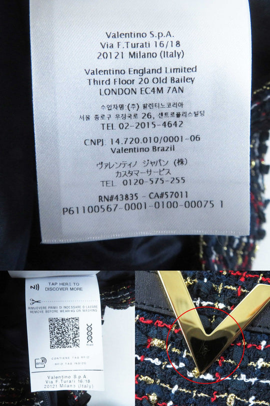 VALENTINO setup Leather: Sheepskin, Outer: 67% cotton, Outer: 24% nylon, Outer: 5% acrylic, Outer: 4% metal fiber, PT Lining: 63% rayon, 37% silk Navy multi Women (Top) 38, (Bottom) 40 Used Authentic