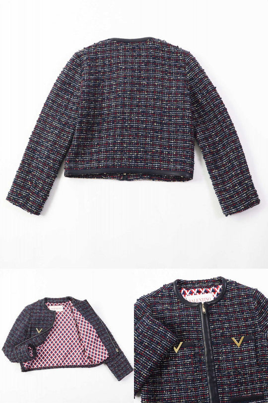 VALENTINO setup Leather: Sheepskin, Outer: 67% cotton, Outer: 24% nylon, Outer: 5% acrylic, Outer: 4% metal fiber, PT Lining: 63% rayon, 37% silk Navy multi Women (Top) 38, (Bottom) 40 Used Authentic