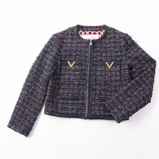 VALENTINO setup Leather: Sheepskin, Outer: 67% cotton, Outer: 24% nylon, Outer: 5% acrylic, Outer: 4% metal fiber, PT Lining: 63% rayon, 37% silk Navy multi Women (Top) 38, (Bottom) 40 Used Authentic