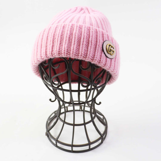 GUCCI Knit cap 764594 Main: 85% wool, Main: 15% cashmere, Part: Lamb leather pink Women M 57 21cm Used Authentic