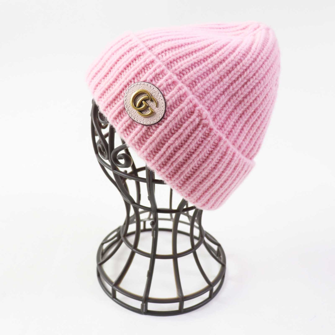 GUCCI Knit cap 764594 Main: 85% wool, Main: 15% cashmere, Part: Lamb leather pink Women M 57 21cm Used Authentic