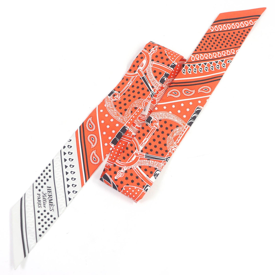 HERMES scarf H062978S Main: 100% silk Vermilion/Gris Perle/White Twilly Women Used Authentic