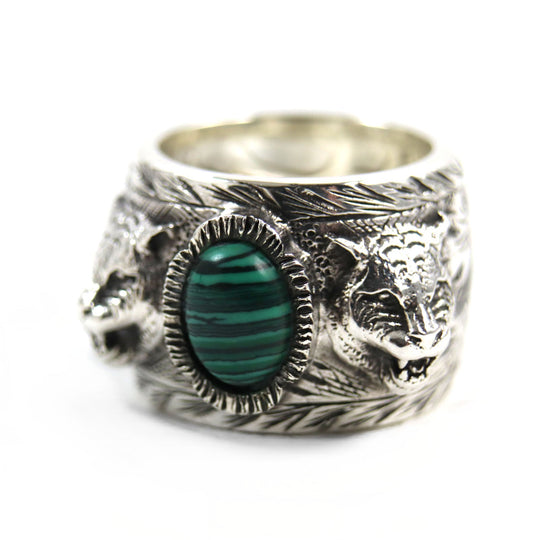 GUCCI Ring 461991 Main: AG925, Part: Malachite Silver Green Malachite Garden Cat Head mens Used Authentic
