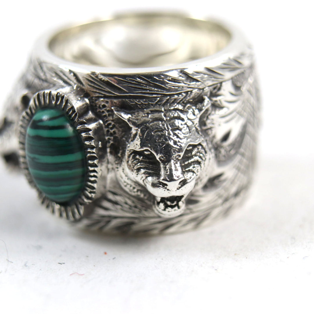 GUCCI Ring 461991 Main: AG925, Part: Malachite Silver Green Malachite Garden Cat Head mens Used Authentic