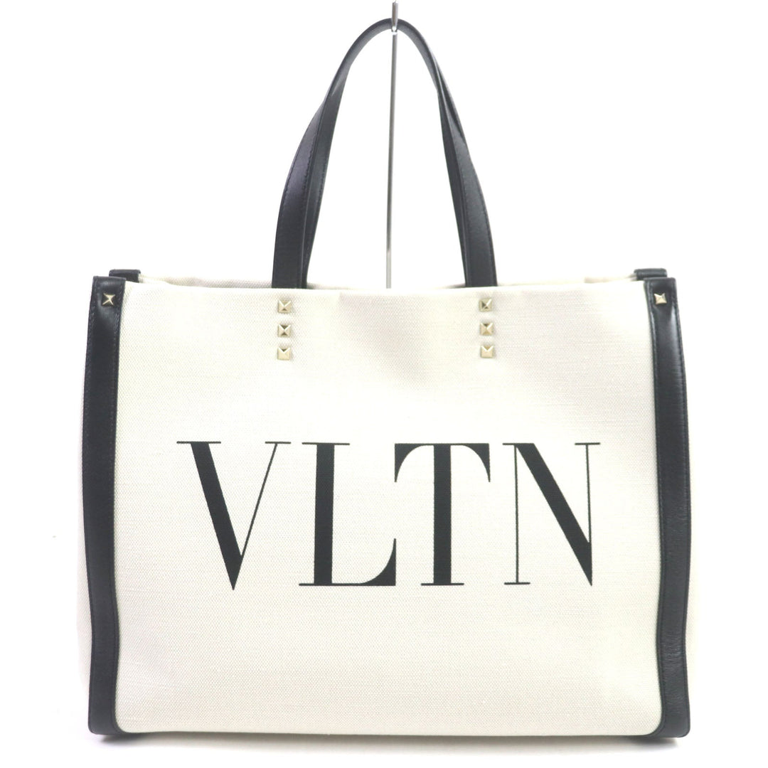 VALENTINO Tote Bag Canvas, Leather White black VLTN mens(Unisex) Used Authentic