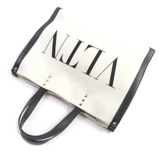 VALENTINO Tote Bag Canvas, Leather White black VLTN mens(Unisex) Used Authentic