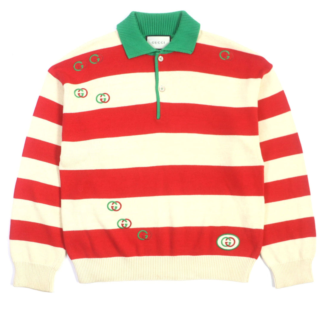 GUCCI Long sleeve polo shirt 571546 Outer material: 100% cotton, embroidery: 100% polyester Cream Red Green mens XL Used Authentic