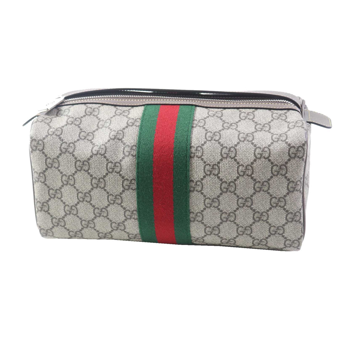 GUCCI Pouch 759689 Leather x GG Supreme canvas Beige/Ebony Cosmetic case with Web stripes Women Used Authentic