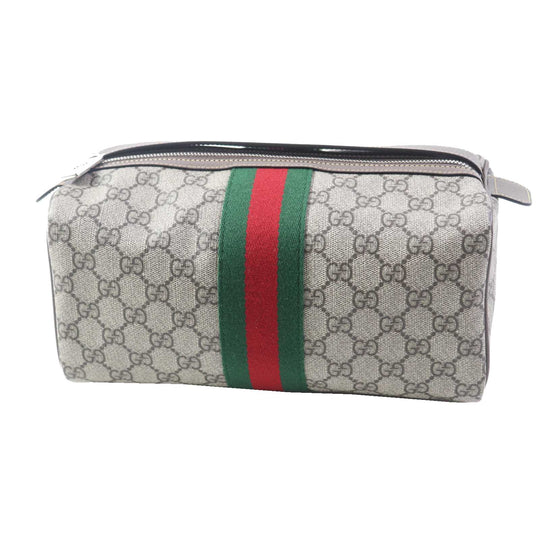 GUCCI Pouch 759689 Leather x GG Supreme canvas Beige/Ebony Cosmetic case with Web stripes Women Used Authentic