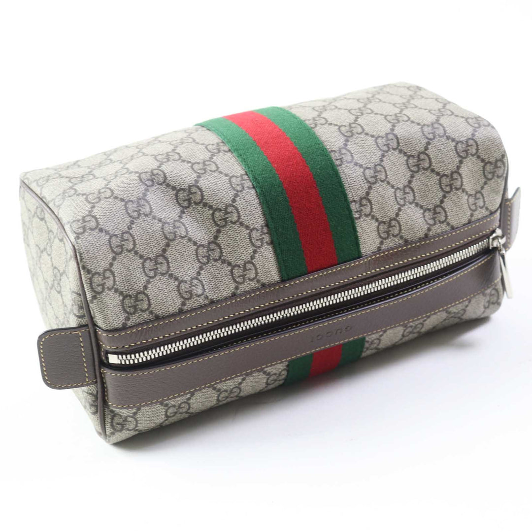 GUCCI Pouch 759689 Leather x GG Supreme canvas Beige/Ebony Cosmetic case with Web stripes Women Used Authentic