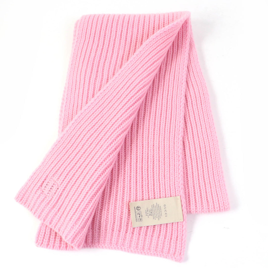 GUCCI Scarf 773426 Main: 85% wool, Main: 15% cashmere, Part: leather pink scarf Patched knit Women Used Authentic