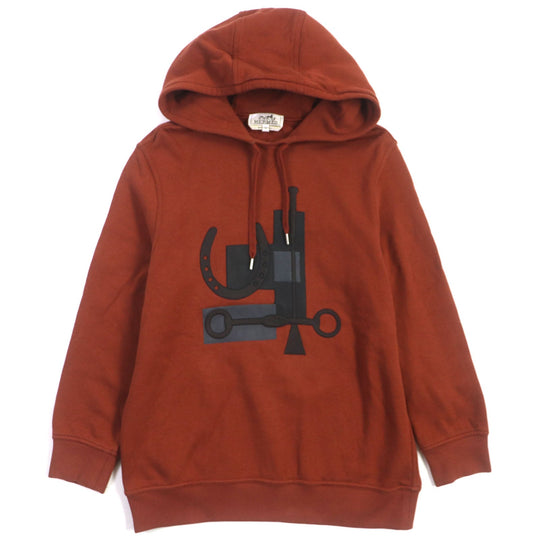 HERMES pullover Main: 100% cotton, Leather part: Sheepskin Cord: 100% cotton Knit part: 90% cotton : 10% polyurethane Red brown Sport capsule hooded sweater mens XS Used Authentic