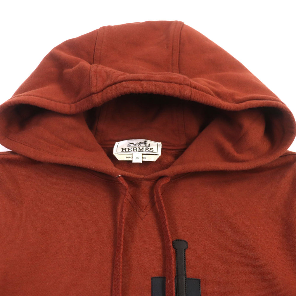 HERMES pullover Main: 100% cotton, Leather part: Sheepskin Cord: 100% cotton Knit part: 90% cotton : 10% polyurethane Red brown Sport capsule hooded sweater mens XS Used Authentic