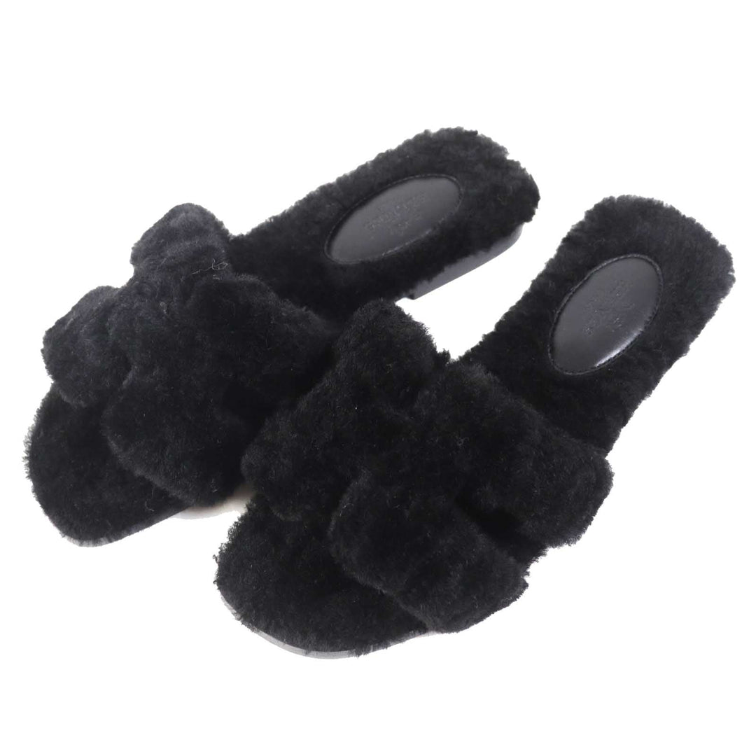 HERMES Sandals Mouton black Oran Women 35 Used Authentic