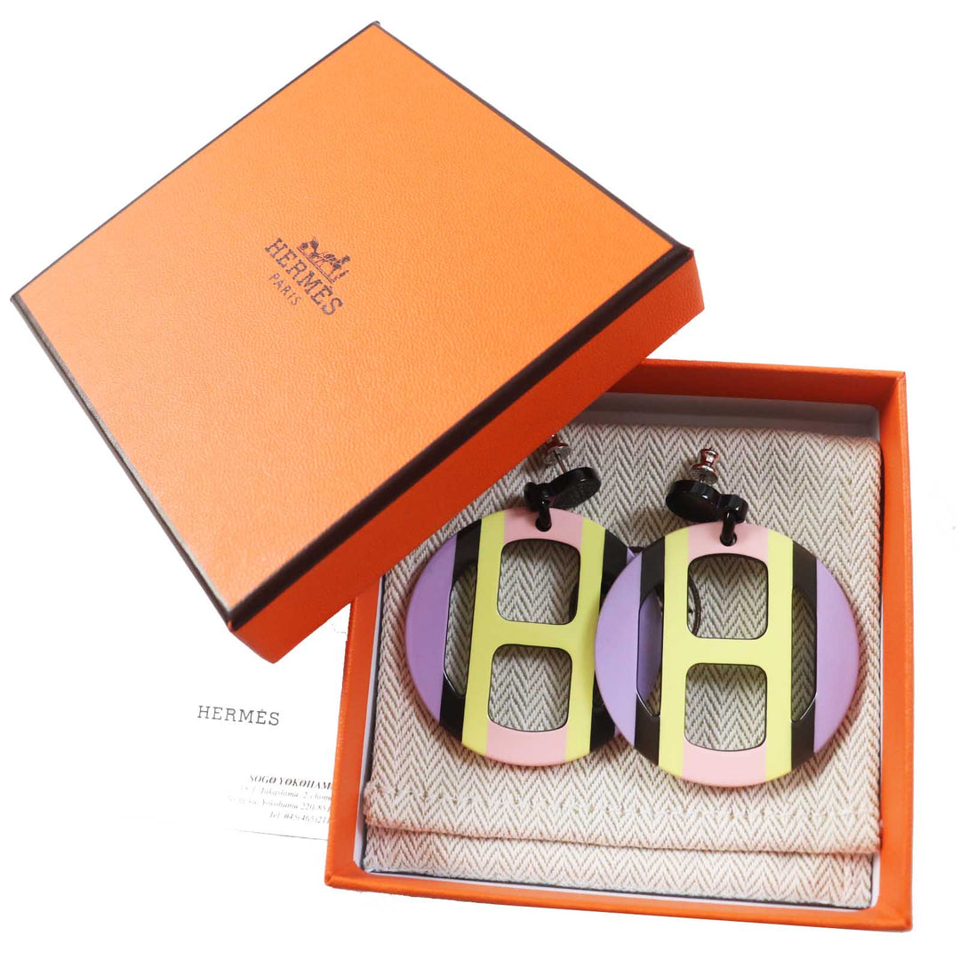 HERMES Pierce Buffalo horn Multi H Equipe Earrings Women Used Authentic