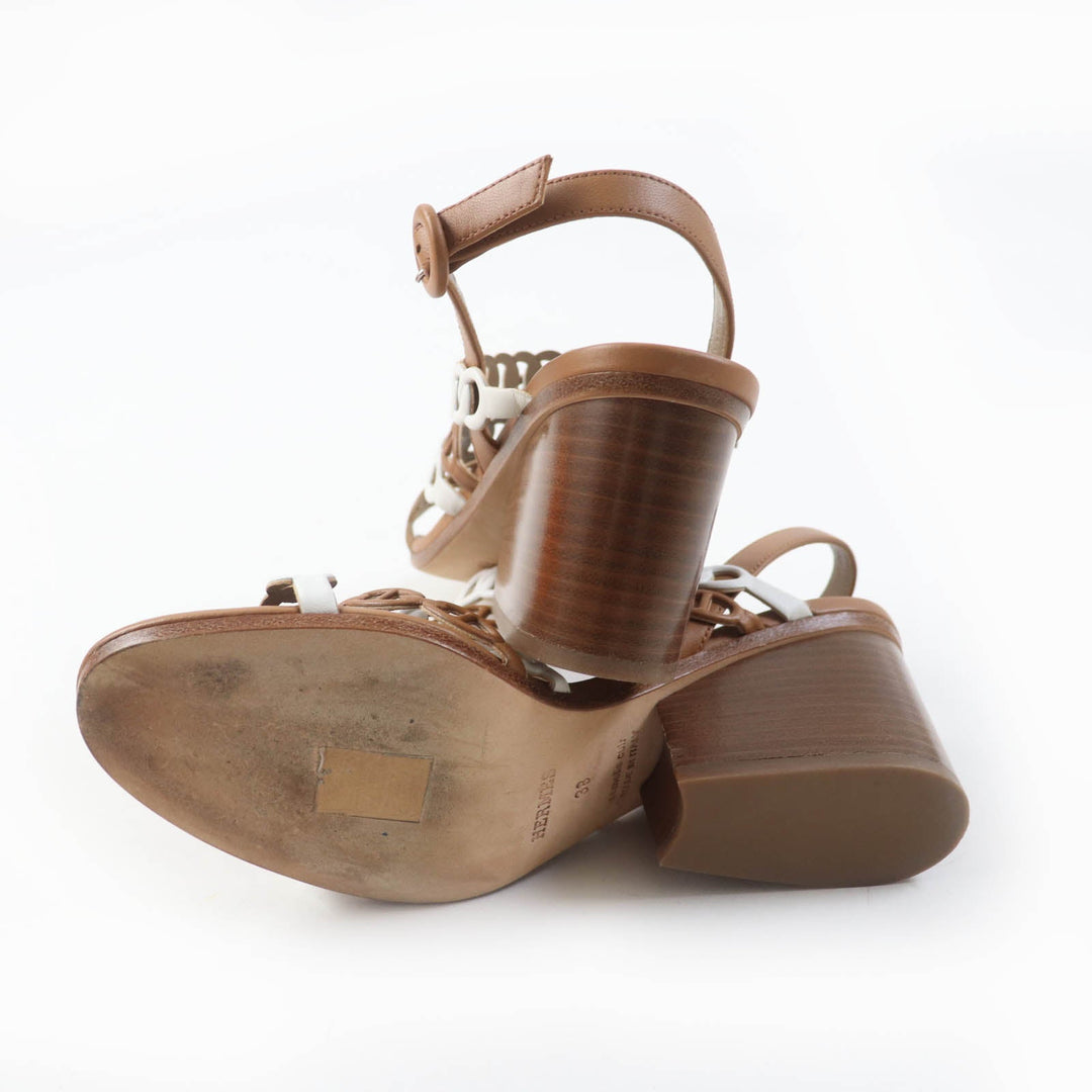 HERMES Sandals 181096Z Main: Leather Brown white Romanzo Women 38 Used Authentic