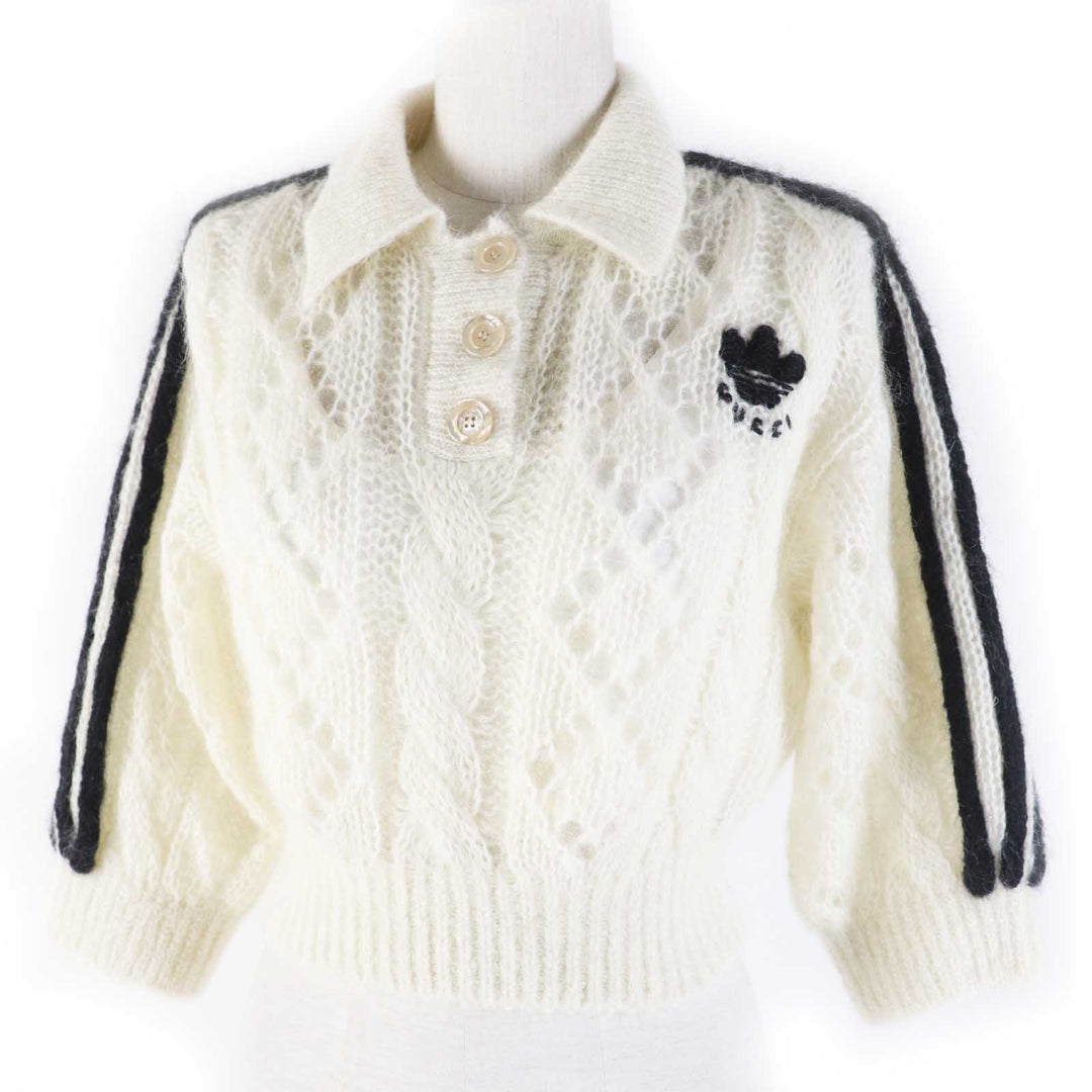GUCCI knit 713023 Outer: 67% mohair, Outer: 28% nylon, Outer: 5% wool, Part: 63% mohair, Part: 29% nylon, : 7% wool, 3% polyurethane Embroidery: 67% mohair, 28% nylon, 5% wool Inner: 75% acetate, 25% silk white Women XS Used Authentic