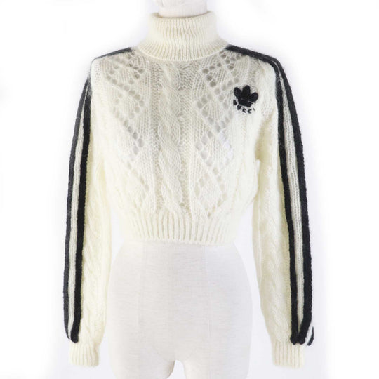 GUCCI knit 713023 Outer: 67% mohair, Outer: 28% nylon, Outer: 5% wool, Part: 63% mohair, Part: 29% nylon, : 7% wool, 1% polyurethane Embroidery: 67% mohair, 28% nylon, 5% wool Inner: 75% acetate, 25% silk white Women XS Used Authentic